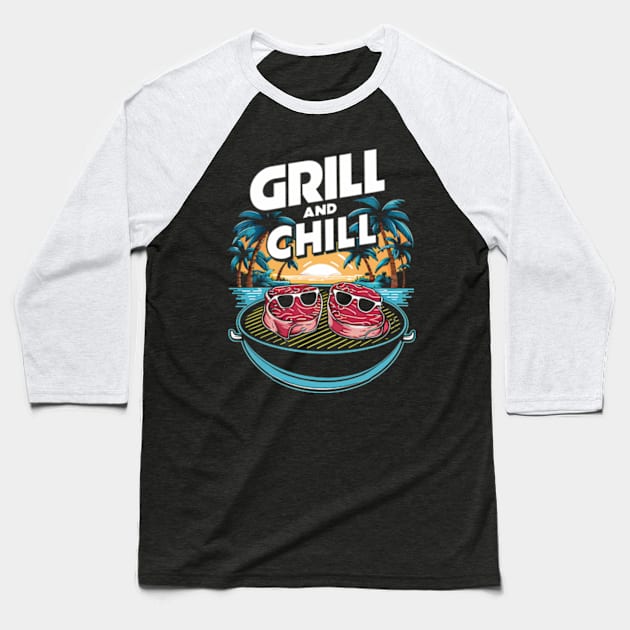 Grill and Chill Baseball T-Shirt by Neon Galaxia